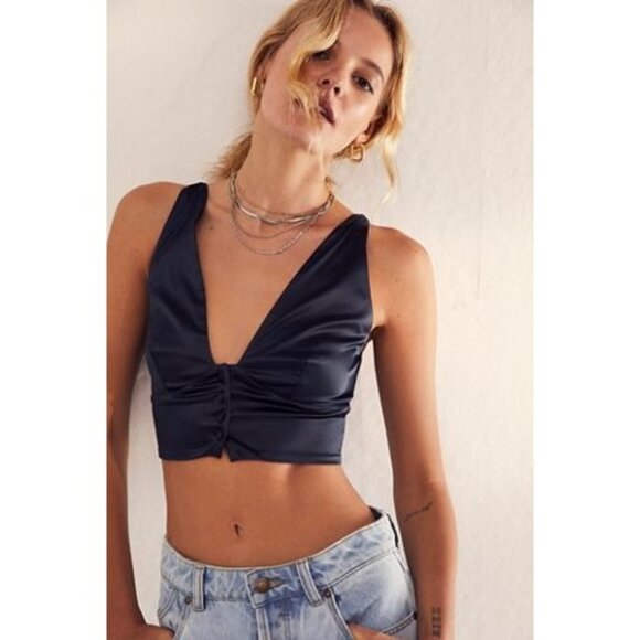 Free People Back & Forth Brami Satin Black Crop Top haulter Cross-Back Straps S - Picture 2 of 10
